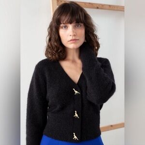 & Other Stories Black Dinosaur Button Alpaca Wool Blend Cardigan Sweater Size XS